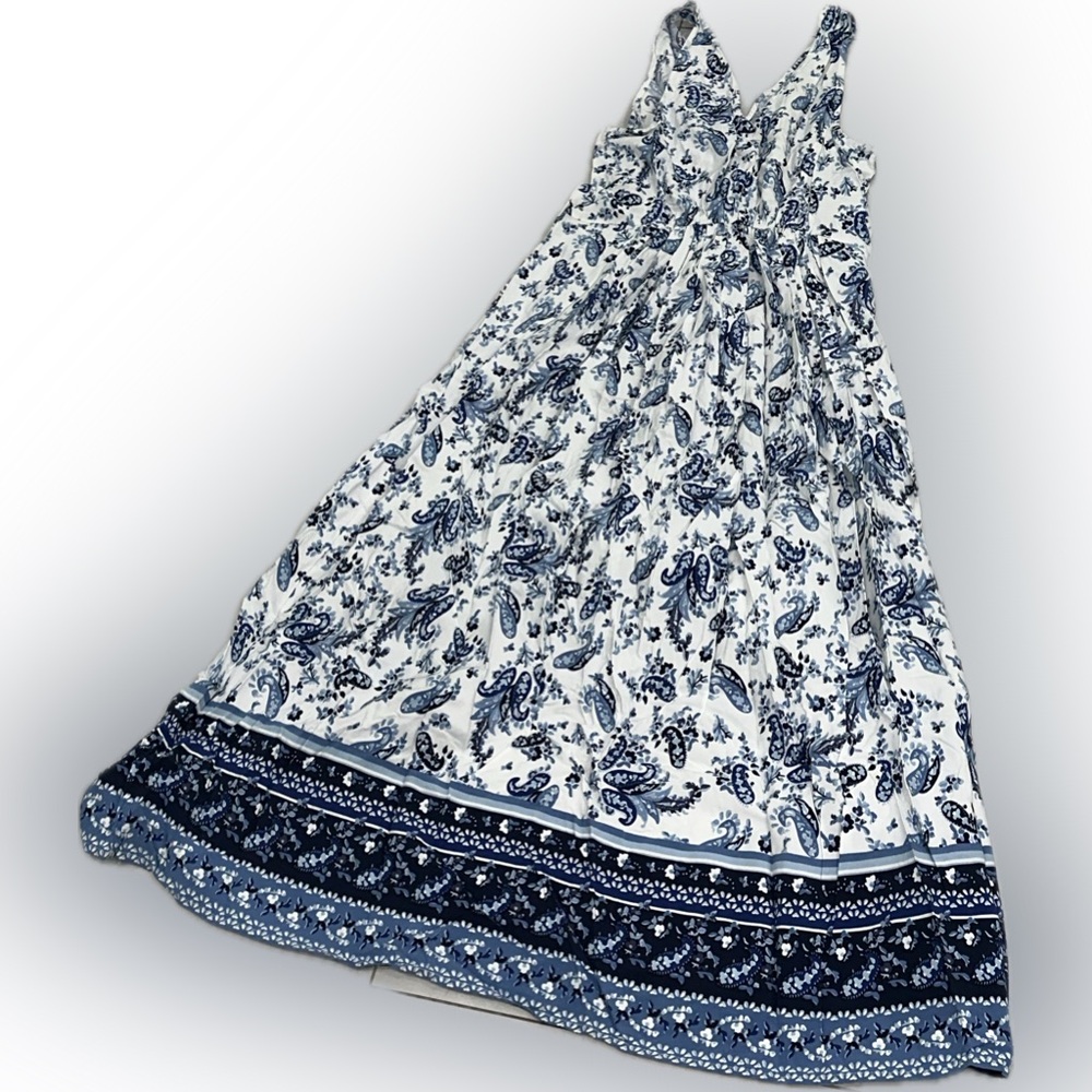 Lucky Brand Boho Maxi Dress Blue White Paisley Print Size Large - Picture 2 of 3